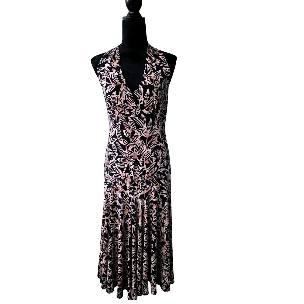 Scarlett Womens Pink Black Botanical Leaf Print Halter V-Neck Midi‎ Dress Sz 10